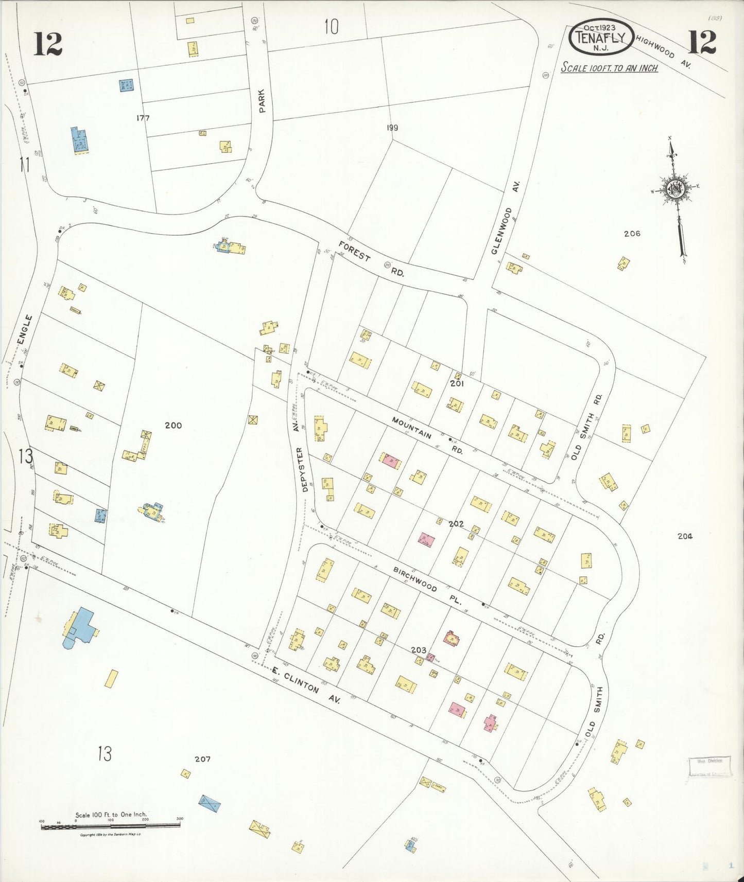 Sanborn Fire Insurance Map from Tenafly, Bergen County, New Jersey (1923), Sheet #0012 - Historic Sanborn Fire Insurance Map Print, vintage old map wall art, antique decor, genealogy gift, New Jersey New Jersey map