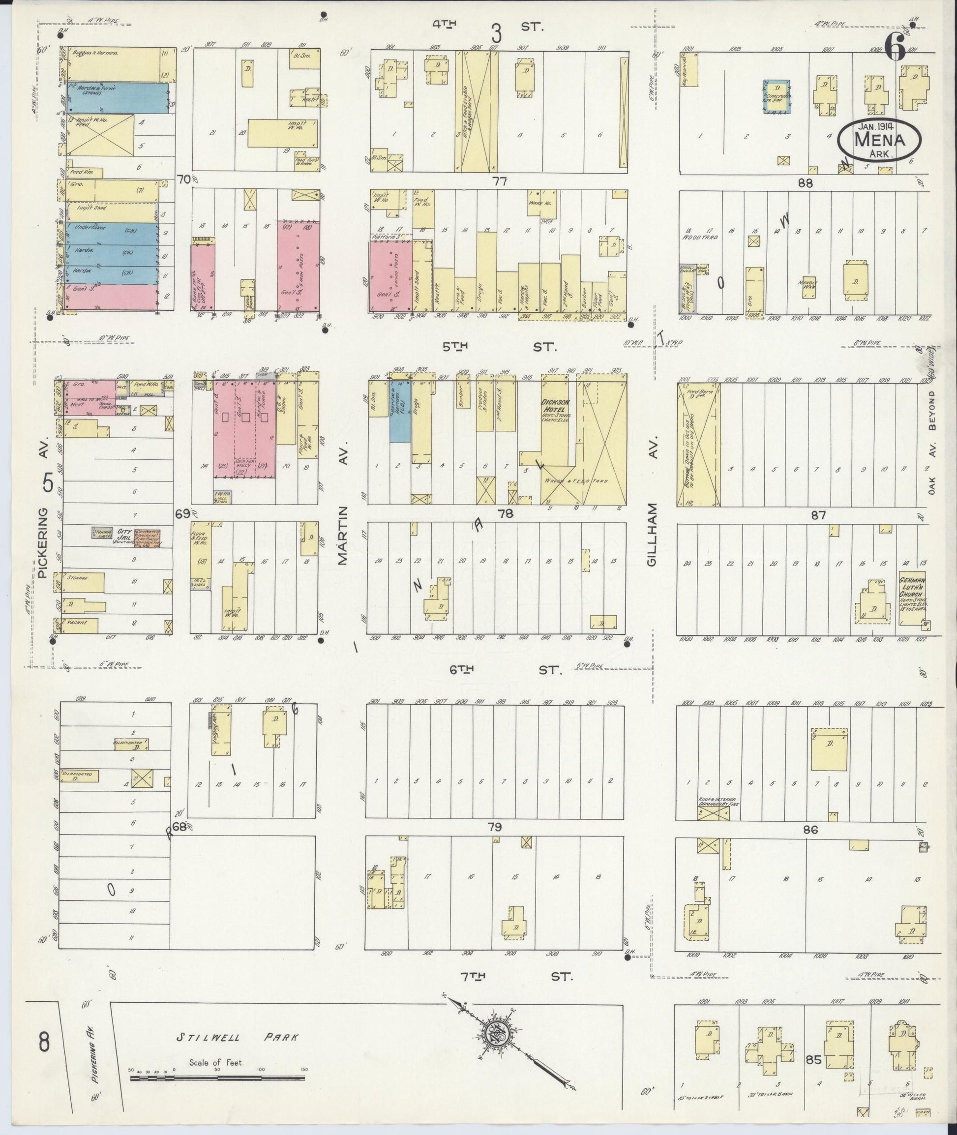 Sanborn Fire Insurance Map from Mena, Polk County, Arkansas (1914), Sheet #0006 - Historic Sanborn Fire Insurance Map Print, vintage old map wall art, antique decor, genealogy gift, Arkansas Arkansas map