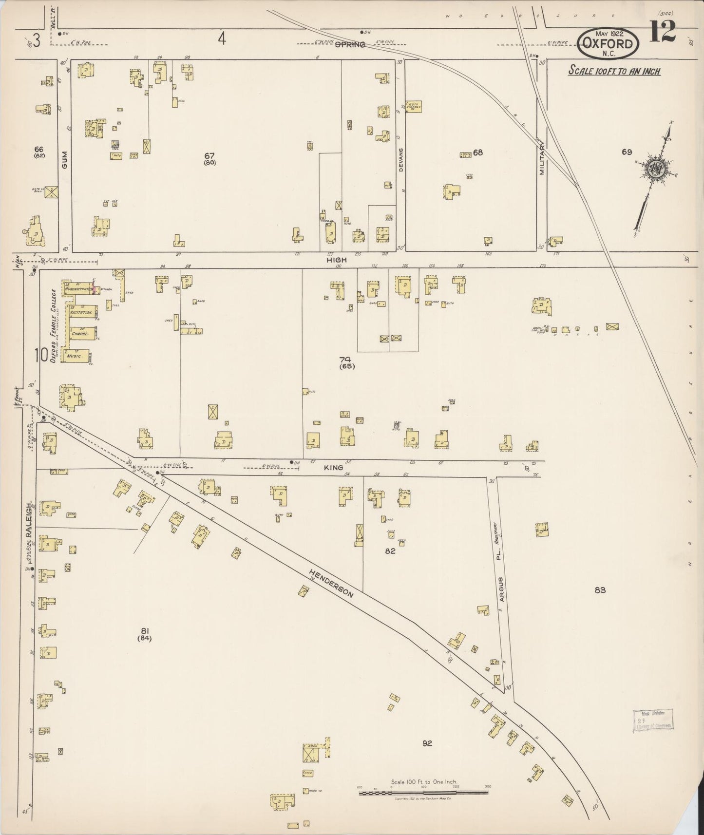 Sanborn Fire Insurance Map from Oxford, Granville County, North Carolina (1922), Sheet #0012 - Complete Map Set gallery image, historic Sanborn map, vintage wall art, North Carolina North Carolina