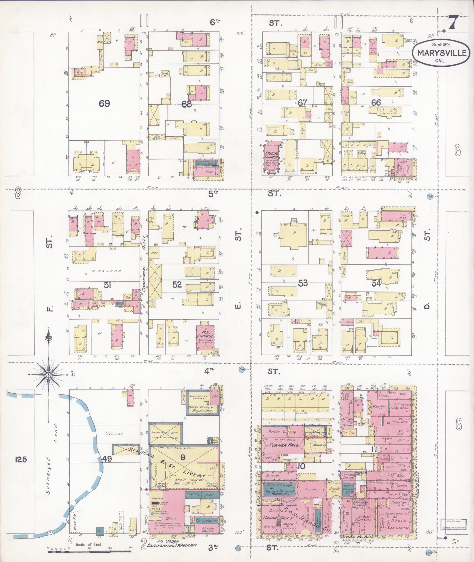 Sanborn Fire Insurance Map from Marysville, Yuba County, California (1895), Sheet #0007 - Historic Sanborn Fire Insurance Map Print, vintage old map wall art, antique decor, genealogy gift, California California map