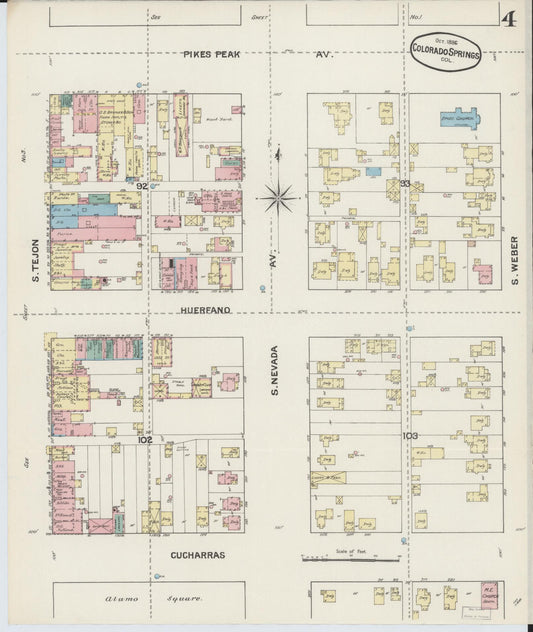 Sanborn Fire Insurance Map from Colorado Springs, El Paso County, Colorado (1888), Sheet #0004 - Historic Sanborn Fire Insurance Map Print, vintage old map wall art, antique decor, genealogy gift, Colorado Colorado map