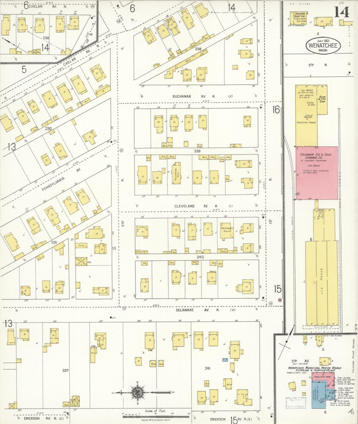 Sanborn Fire Insurance Map from Wenatchee, Chelan County, Washington (1921), Sheet #0014 - Historic Sanborn Fire Insurance Map Print, vintage old map wall art, antique decor, genealogy gift, Washington Washington map
