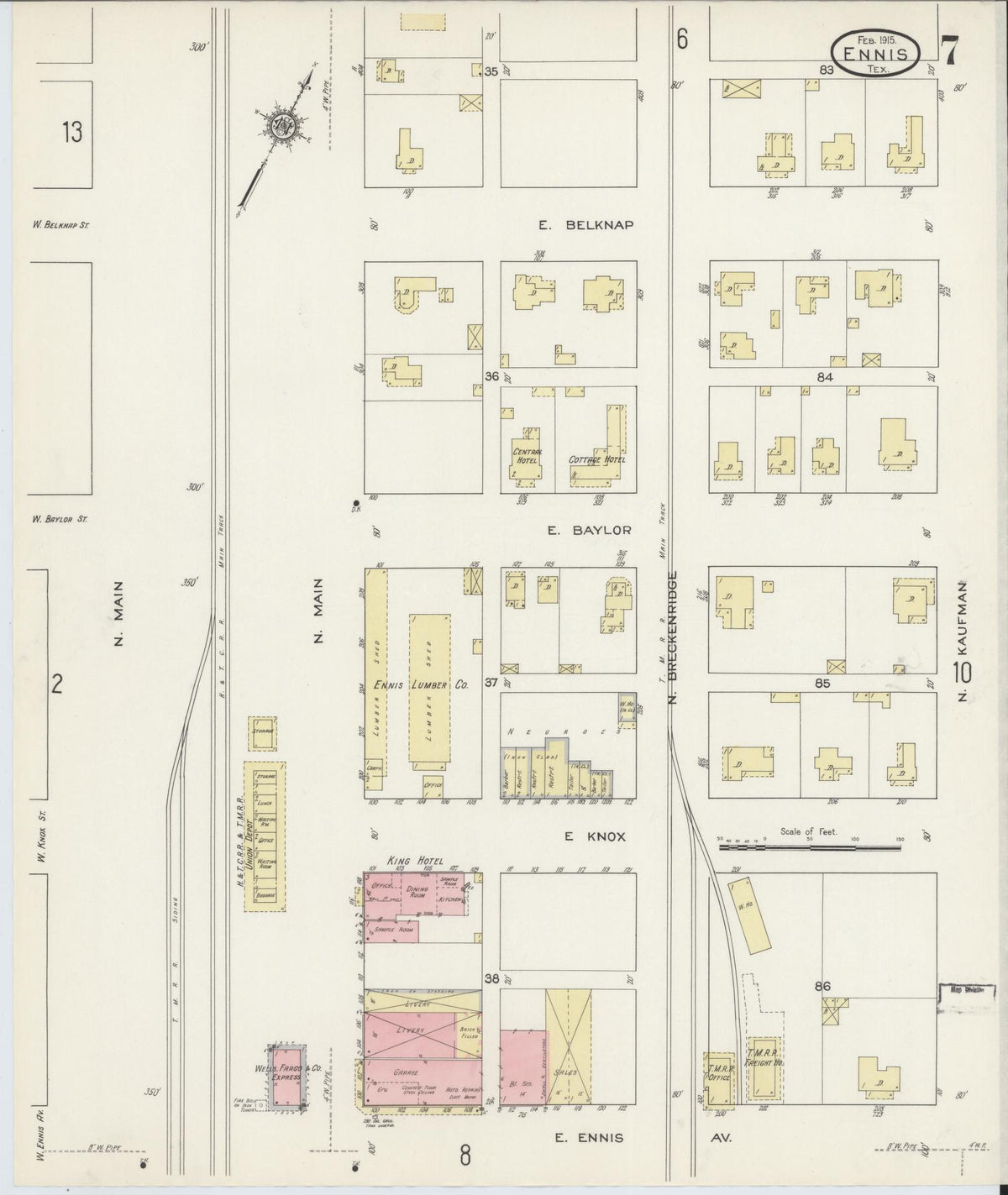 Sanborn Fire Insurance Map from Ennis, Ellis County, Texas (1915), Sheet #0007 - Complete Map Set gallery image, historic Sanborn map, vintage wall art, Texas Texas