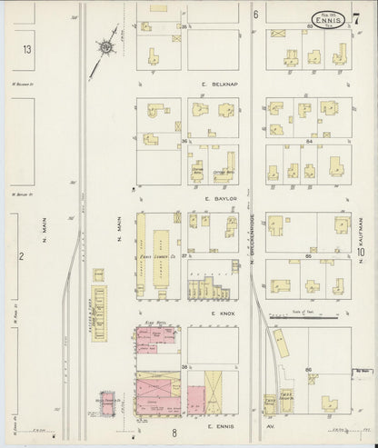 Sanborn Fire Insurance Map from Ennis, Ellis County, Texas (1915), Sheet #0007 - Complete Map Set gallery image, historic Sanborn map, vintage wall art, Texas Texas