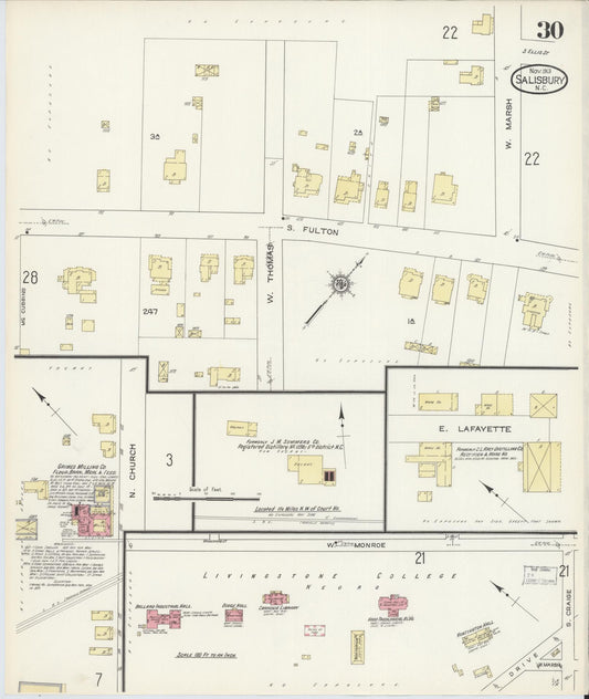 Sanborn Fire Insurance Map from Salisbury, Rowan County, North Carolina (1913), Sheet #0030 - Historic Sanborn Fire Insurance Map Print, vintage old map wall art, antique decor, genealogy gift, North Carolina North Carolina map