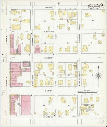 Sanborn Fire Insurance Map from Gainesville, Alachua County, Florida (1909), Sheet #0009 - Complete Map Set gallery image, historic Sanborn map, vintage wall art, Florida Florida