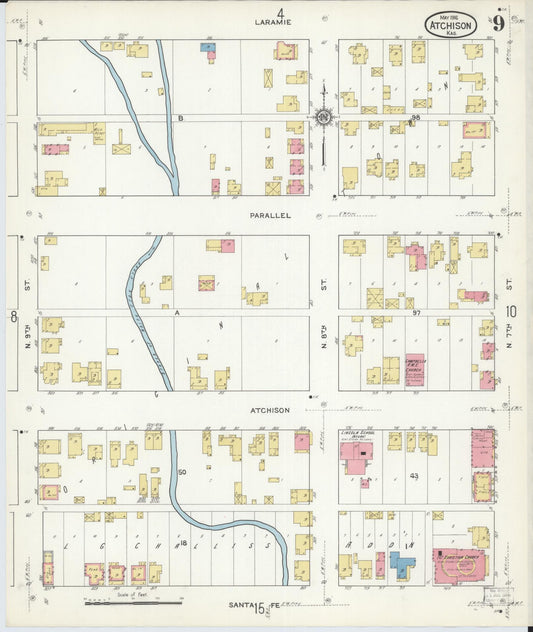 Sanborn Fire Insurance Map from Atchison, Atchison County, Kansas (1916), Sheet #0009 - Historic Sanborn Fire Insurance Map Print, vintage old map wall art, antique decor, genealogy gift, Kansas Kansas map