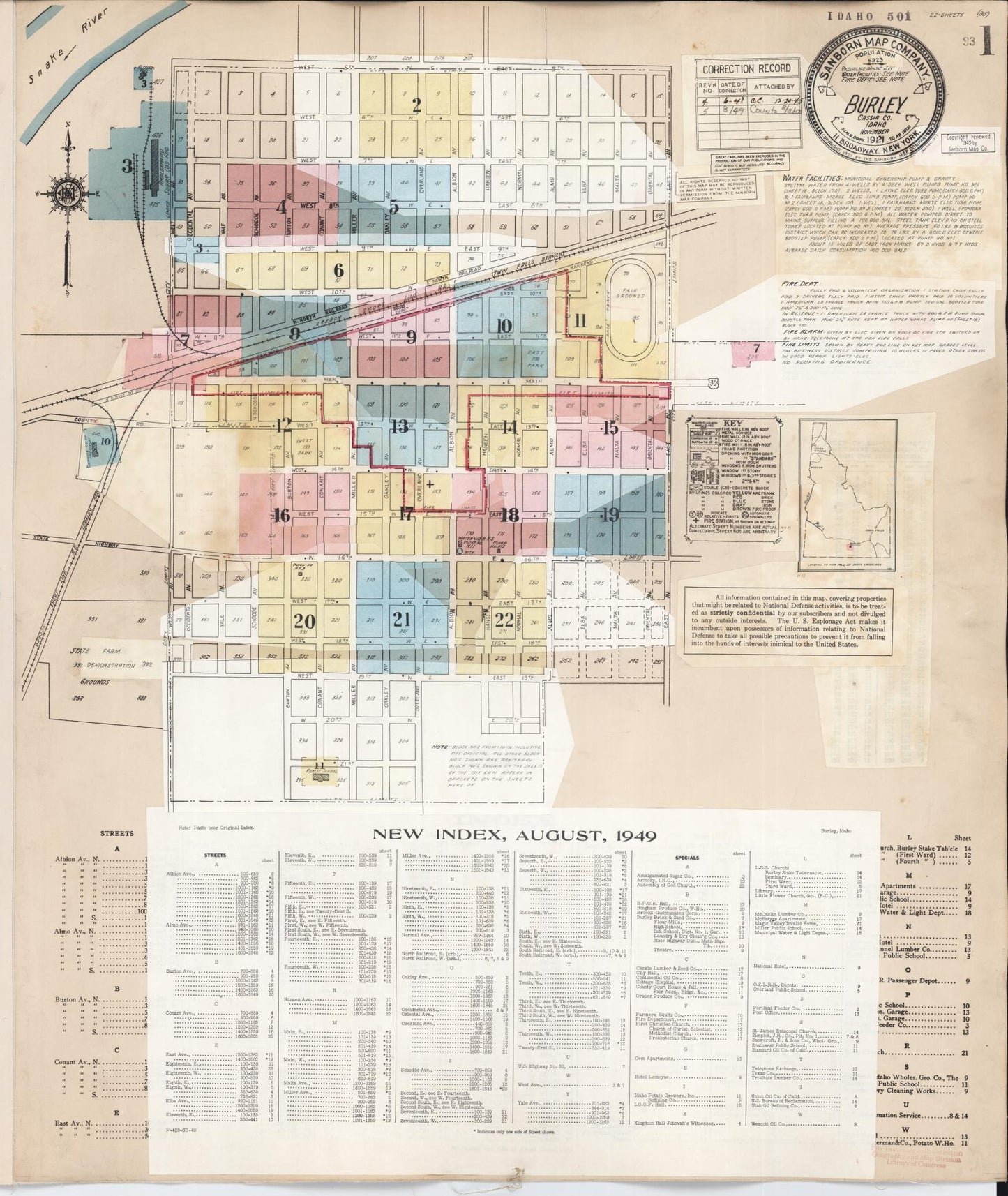 Sanborn Fire Insurance Map from Burley, Cassia County, Idaho (1949), Sheet #0001 - Historic Sanborn Fire Insurance Map Print, vintage old map wall art, antique decor, genealogy gift, Idaho Idaho map