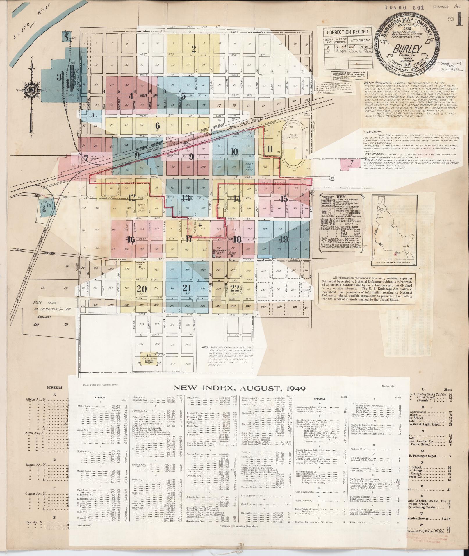 Sanborn Fire Insurance Map from Burley, Cassia County, Idaho (1949), Sheet #0001 - Historic Sanborn Fire Insurance Map Print, vintage old map wall art, antique decor, genealogy gift, Idaho Idaho map