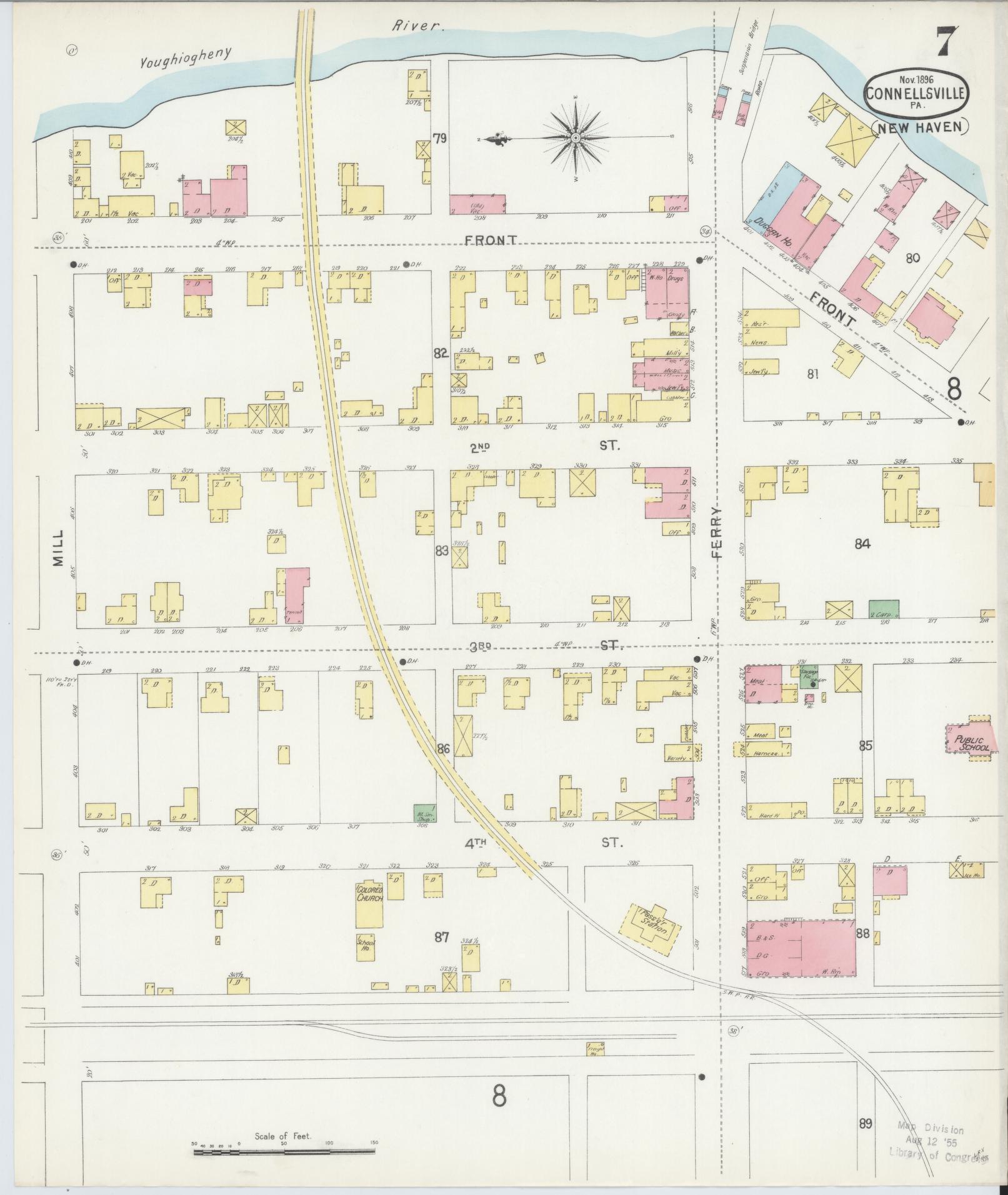 Sanborn Fire Insurance Map from Connellsville, Fayette County, Pennsylvania (1896), Sheet #0007 - Historic Sanborn Fire Insurance Map Print, vintage old map wall art, antique decor, genealogy gift, Pennsylvania Pennsylvania map