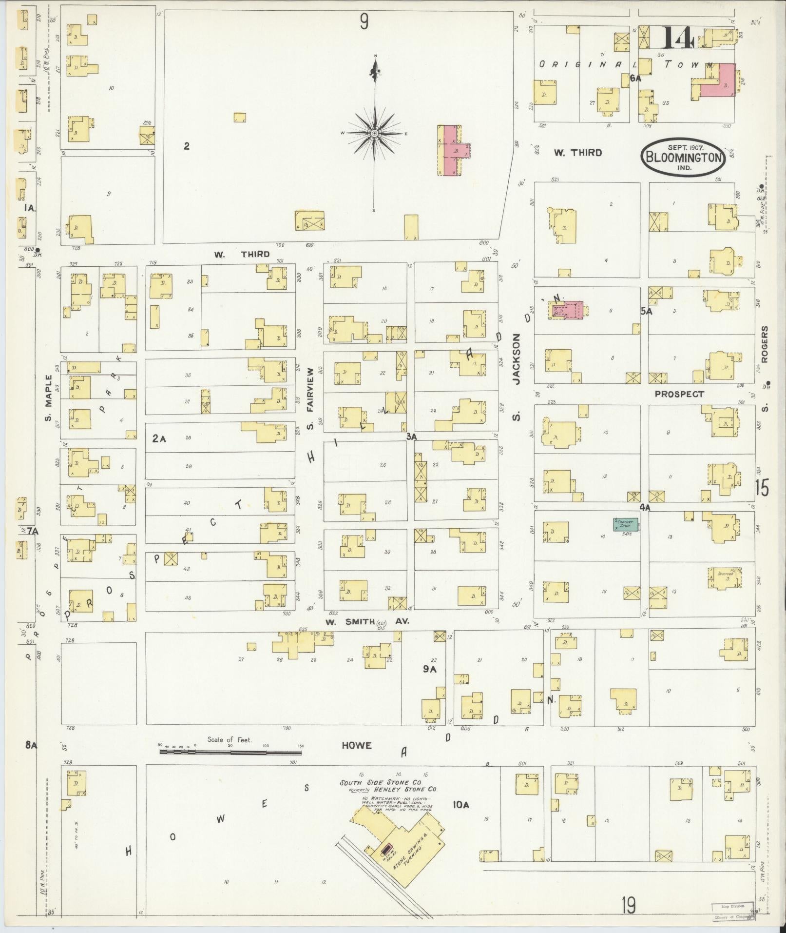 Sanborn Fire Insurance Map from Bloomington, Monroe County, Indiana (1907), Sheet #0014 - Complete Map Set gallery image, historic Sanborn map, vintage wall art, Indiana Indiana