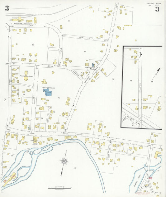Sanborn Fire Insurance Map from Medway, Norfolk County, Massachusetts (1933), Sheet #0003 - Historic Sanborn Fire Insurance Map Print, vintage old map wall art, antique decor, genealogy gift, Massachusetts Massachusetts map