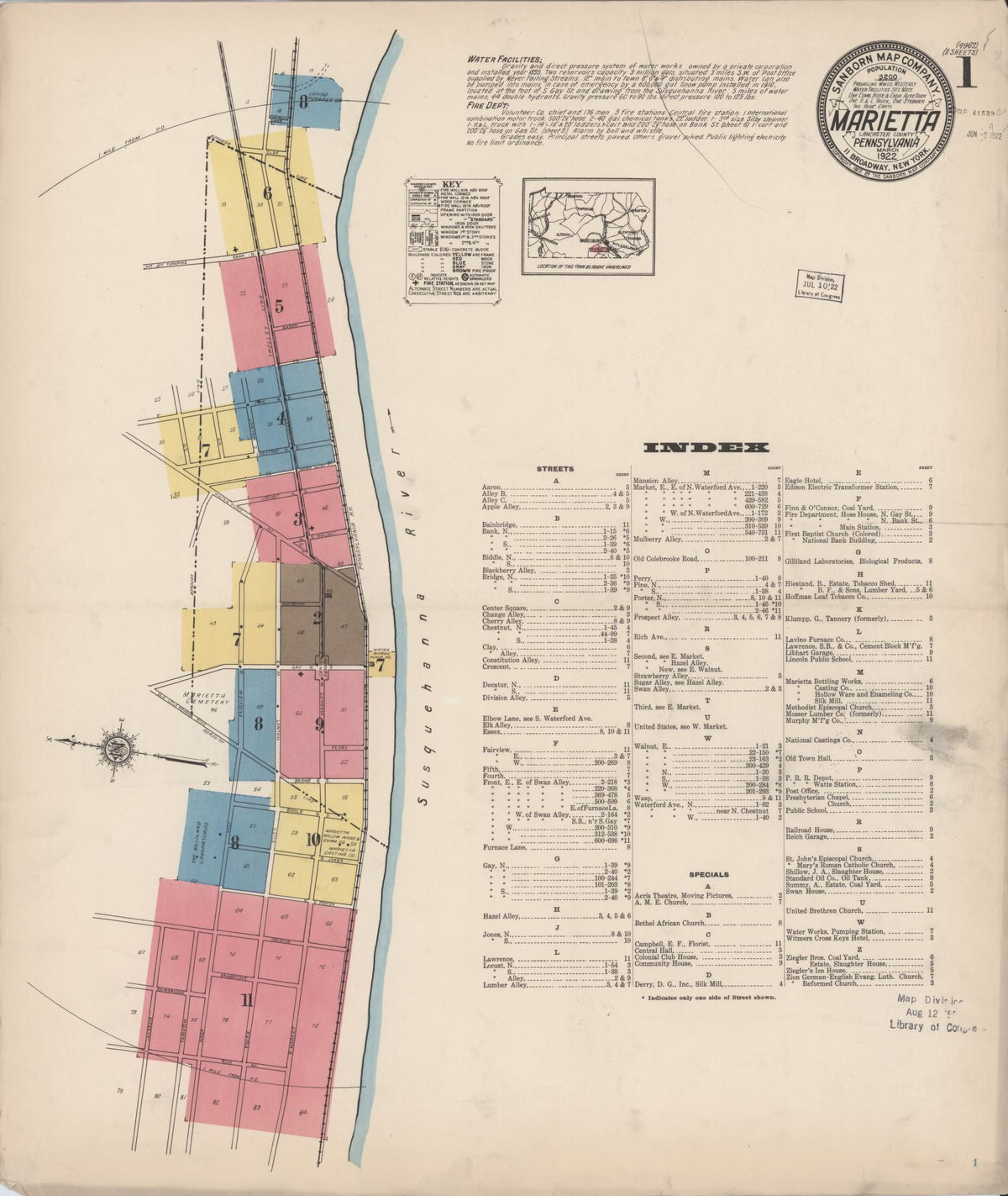 Sanborn Fire Insurance Map from Marietta, Lancaster County, Pennsylvania (1922), Sheet #0001 - Historic Sanborn Fire Insurance Map Print, vintage old map wall art, antique decor, genealogy gift, Pennsylvania Pennsylvania map