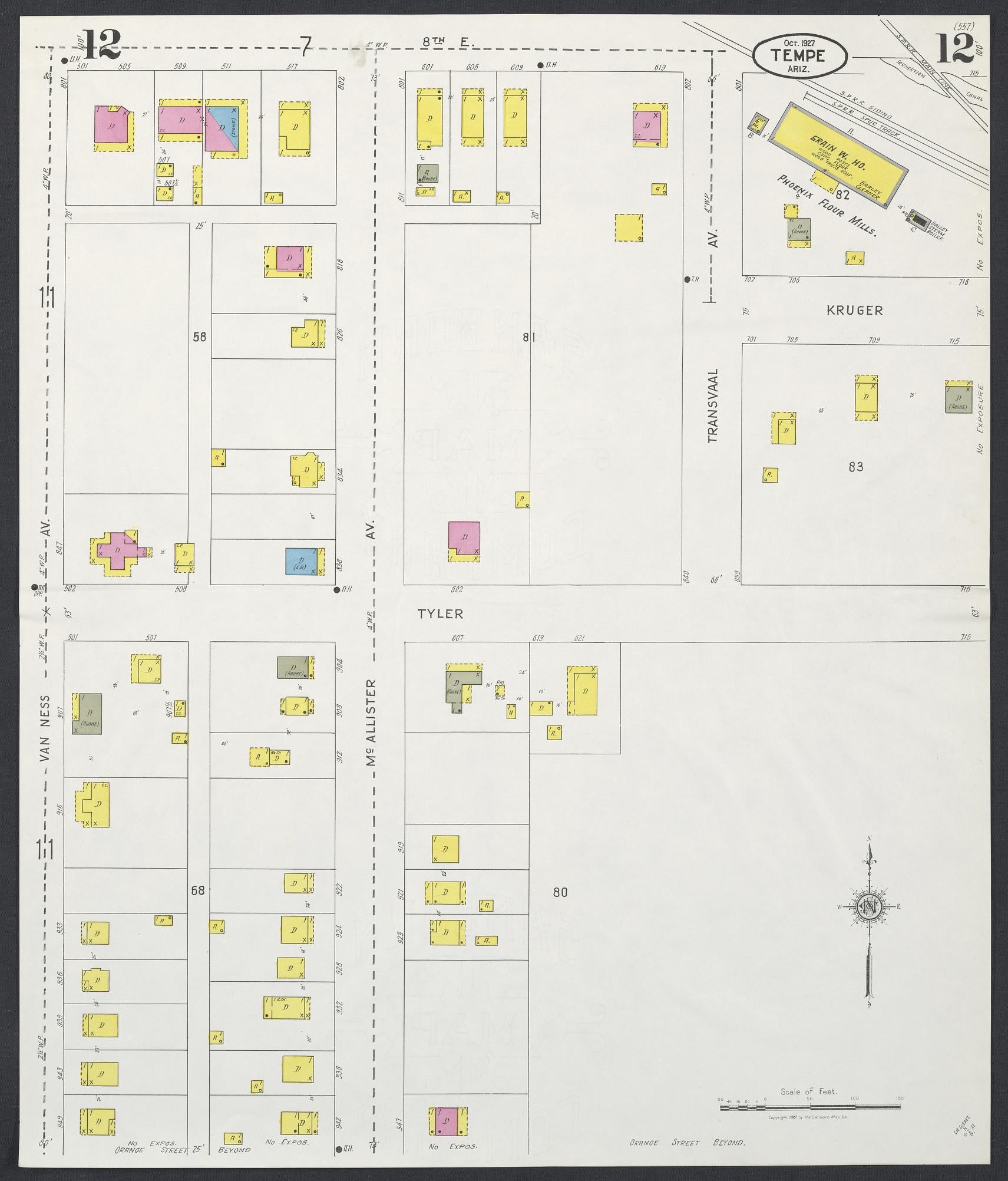 Sanborn Fire Insurance Map from Tempe, Maricopa County, Arizona (1927), Sheet #0012 - Complete Map Set gallery image, historic Sanborn map, vintage wall art, Arizona Arizona