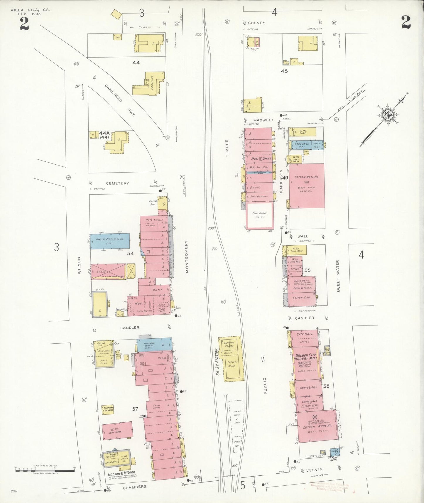 Sanborn Fire Insurance Map from Villa Rica, Carroll County, Georgia (1933), Sheet #0002 - Complete Map Set gallery image, historic Sanborn map, vintage wall art, Georgia Georgia