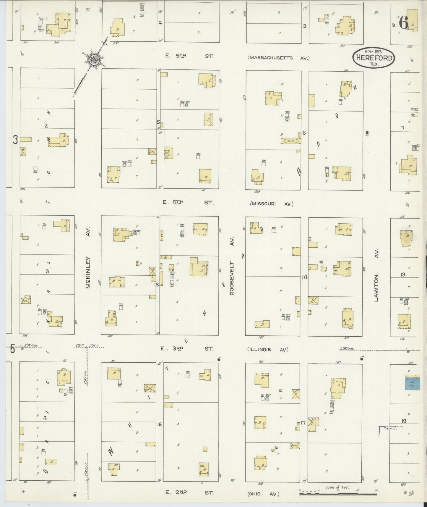 Sanborn Fire Insurance Map from Hereford, Deaf Smith County, Texas (1913), Sheet #0006 - Historic Sanborn Fire Insurance Map Print, vintage old map wall art, antique decor, genealogy gift, Texas Texas map