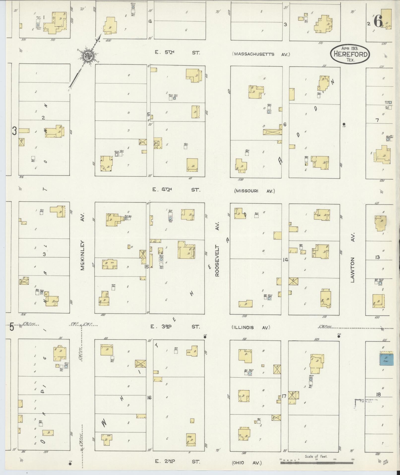 Sanborn Fire Insurance Map from Hereford, Deaf Smith County, Texas (1913), Sheet #0006 - Historic Sanborn Fire Insurance Map Print, vintage old map wall art, antique decor, genealogy gift, Texas Texas map