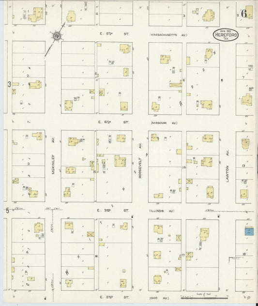 Sanborn Fire Insurance Map from Hereford, Deaf Smith County, Texas (1913), Sheet #0006 - Historic Sanborn Fire Insurance Map Print, vintage old map wall art, antique decor, genealogy gift, Texas Texas map