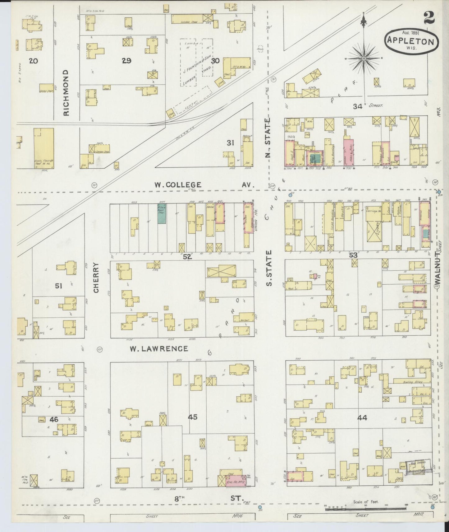 Sanborn Fire Insurance Map from Appleton, Outagamie County, Wisconsin (1891), Sheet #0002 - Complete Map Set gallery image, historic Sanborn map, vintage wall art, Wisconsin Wisconsin