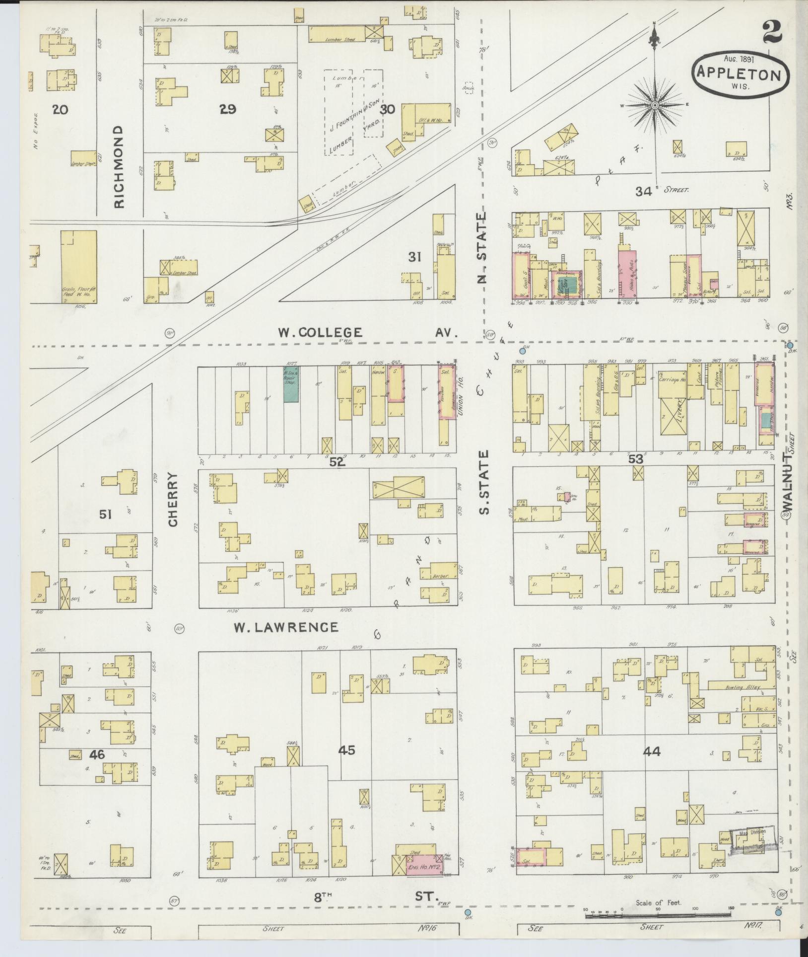 Sanborn Fire Insurance Map from Appleton, Outagamie County, Wisconsin (1891), Sheet #0002 - Complete Map Set gallery image, historic Sanborn map, vintage wall art, Wisconsin Wisconsin