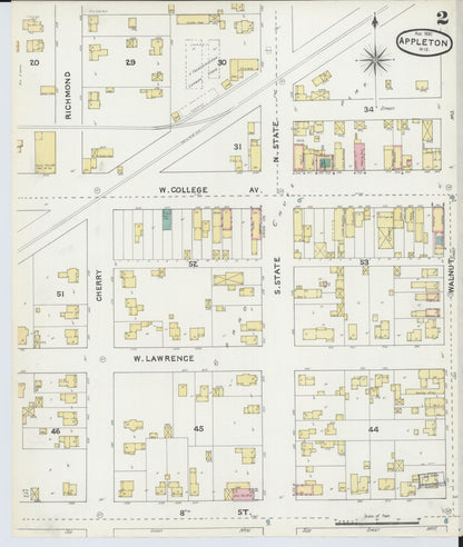 Sanborn Fire Insurance Map from Appleton, Outagamie County, Wisconsin (1891), Sheet #0002 - Complete Map Set gallery image, historic Sanborn map, vintage wall art, Wisconsin Wisconsin