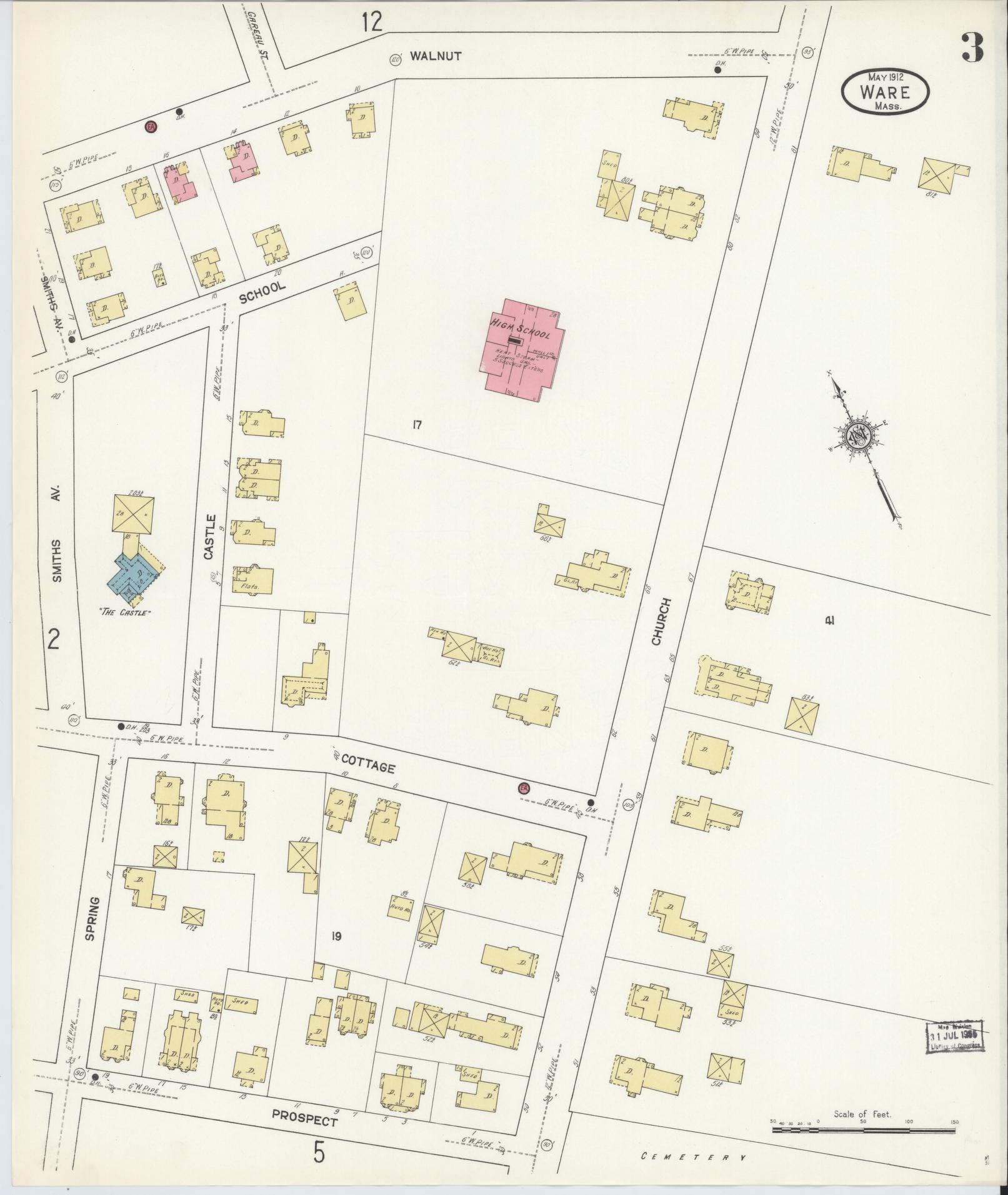 Sanborn Fire Insurance Map from Ware, Hampshire County, Massachusetts (1912), Sheet #0003 - Historic Sanborn Fire Insurance Map Print, vintage old map wall art, antique decor, genealogy gift, Massachusetts Massachusetts map