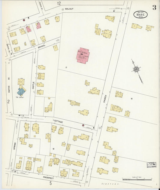 Sanborn Fire Insurance Map from Ware, Hampshire County, Massachusetts (1912), Sheet #0003 - Historic Sanborn Fire Insurance Map Print, vintage old map wall art, antique decor, genealogy gift, Massachusetts Massachusetts map