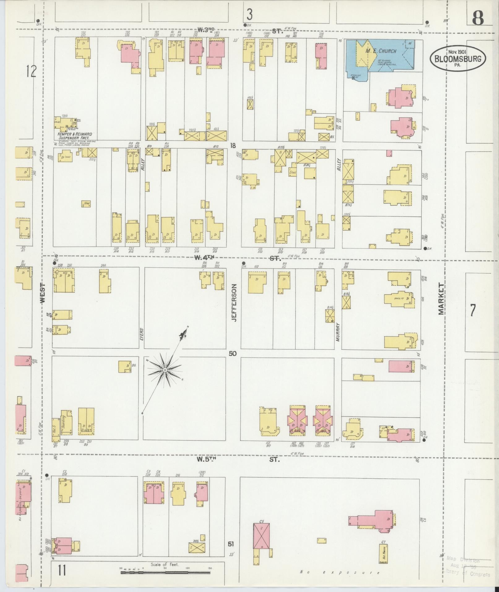 Sanborn Fire Insurance Map from Bloomsburg, Columbia County, Pennsylvania (1901), Sheet #0008 - Historic Sanborn Fire Insurance Map Print, vintage old map wall art, antique decor, genealogy gift, Pennsylvania Pennsylvania map
