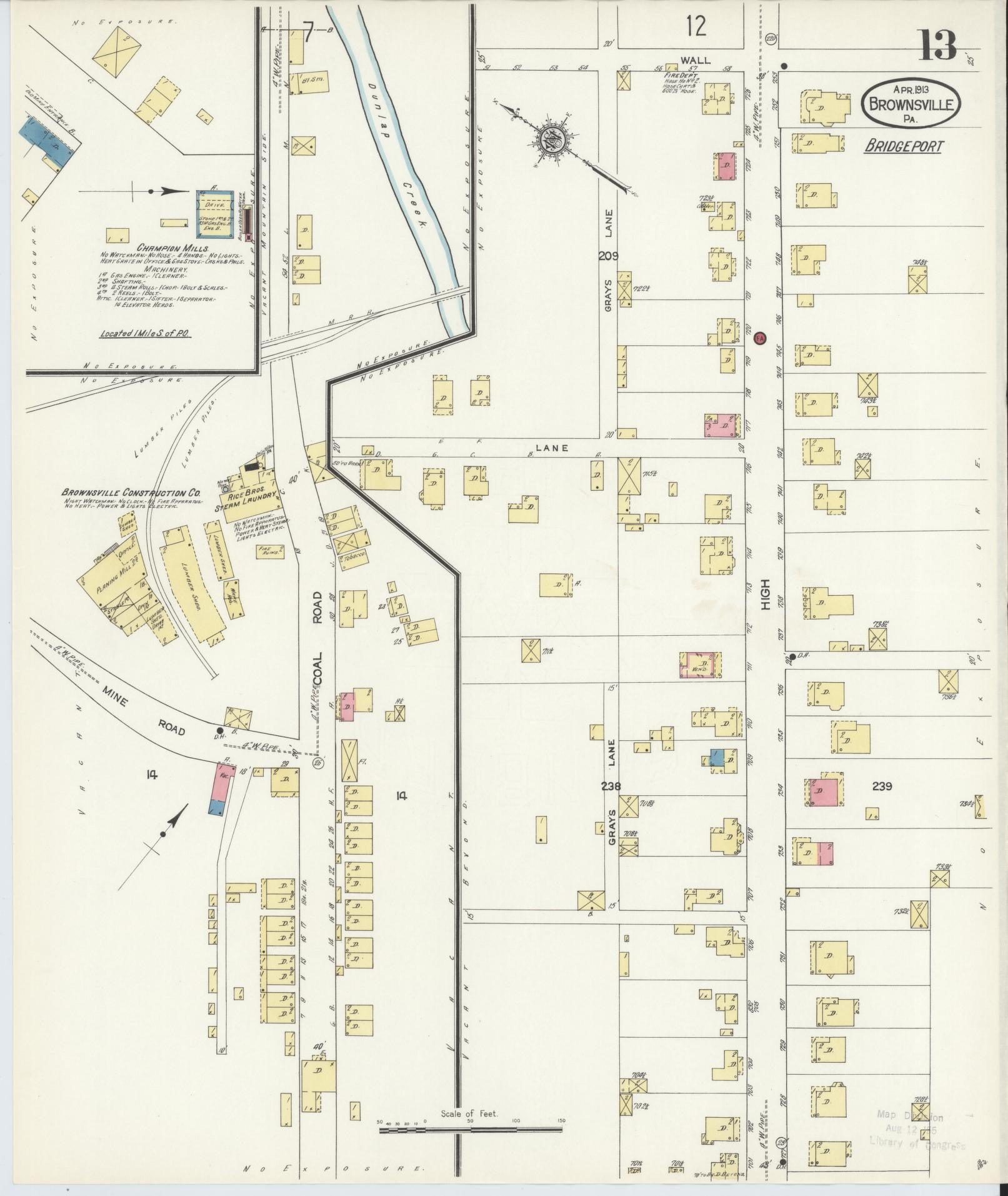 Sanborn Fire Insurance Map from Brownsville, Fayette County, Pennsylvania (1913), Sheet #0013 - Historic Sanborn Fire Insurance Map Print, vintage old map wall art, antique decor, genealogy gift, Pennsylvania Pennsylvania map