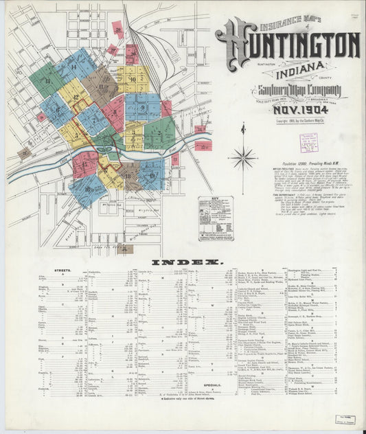 Sanborn Fire Insurance Map from Huntington, Huntington County, Indiana (1904), Sheet #0001 - Historic Sanborn Fire Insurance Map Print, vintage old map wall art, antique decor, genealogy gift, Indiana Indiana map