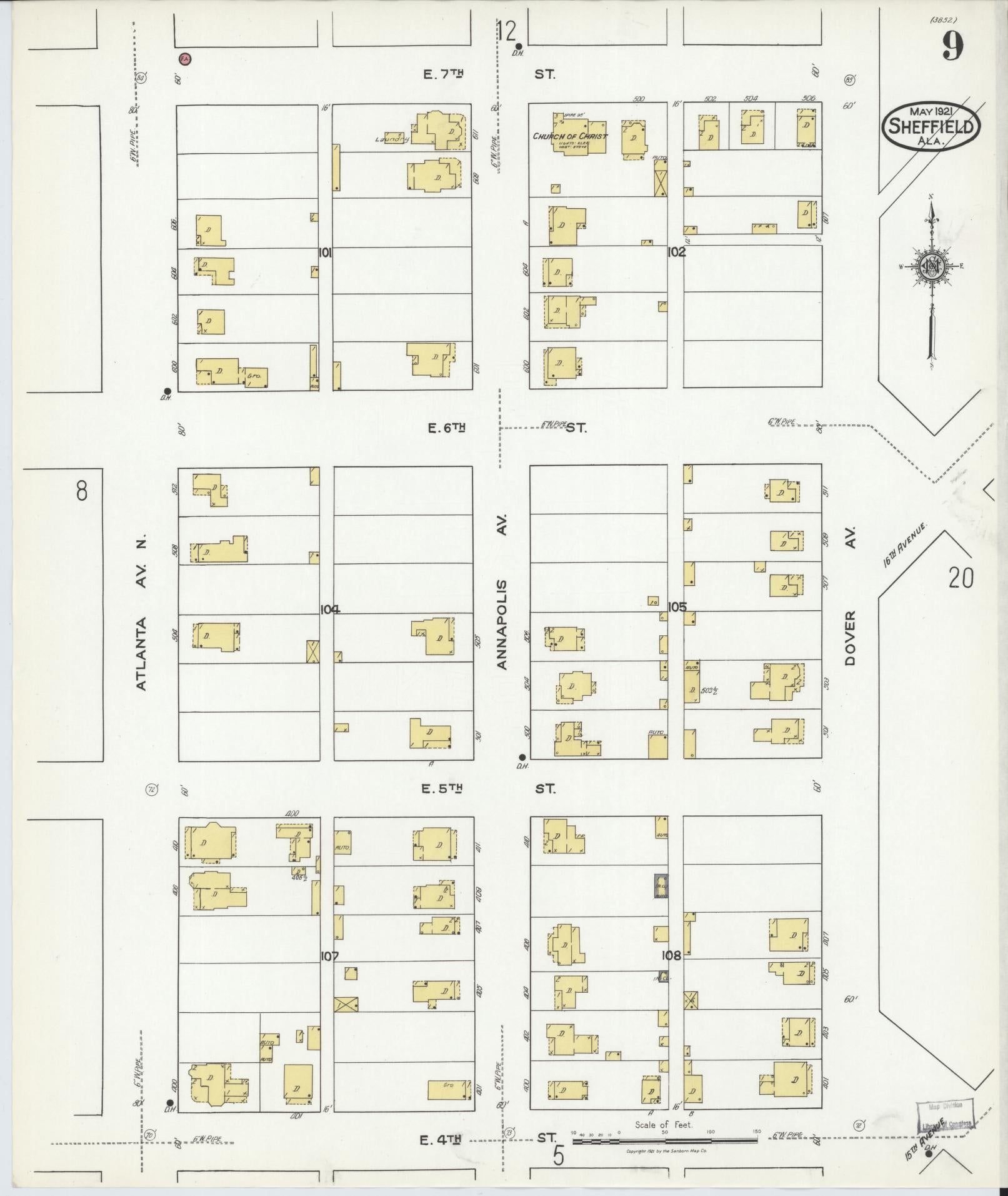 Sanborn Fire Insurance Map from Sheffield, Colbert County, Alabama (1921), Sheet #0009 - Historic Sanborn Fire Insurance Map Print, vintage old map wall art, antique decor, genealogy gift, Alabama Alabama map