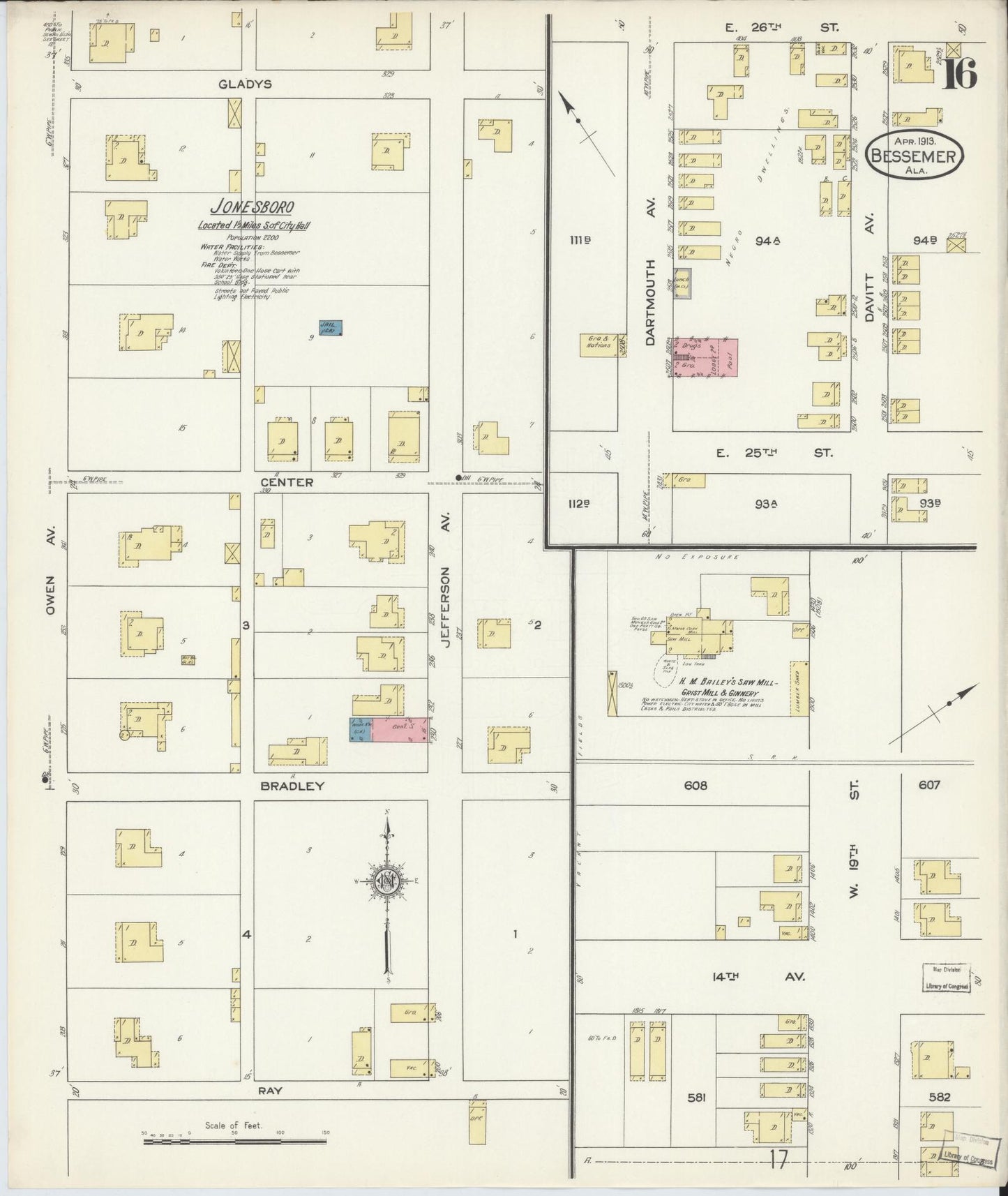 Sanborn Fire Insurance Map from Bessemer, Jefferson County, Alabama (1913), Sheet #0016 - Complete Map Set gallery image, historic Sanborn map, vintage wall art, Alabama Alabama