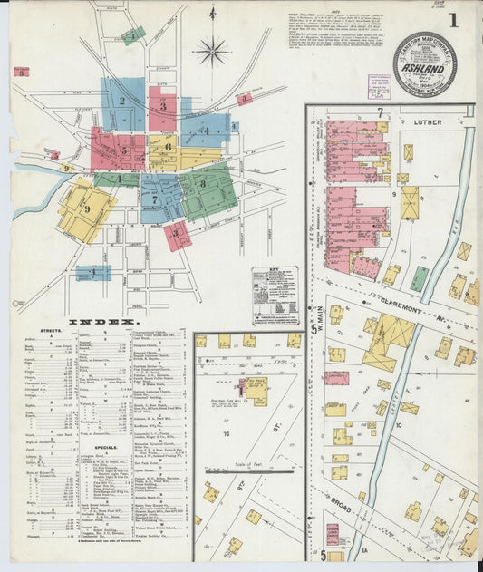 Sanborn Fire Insurance Map from Ashland, Ashland County, Ohio (1904), Sheet #0001 - Historic Sanborn Fire Insurance Map Print, vintage old map wall art, antique decor, genealogy gift, Ohio Ohio map