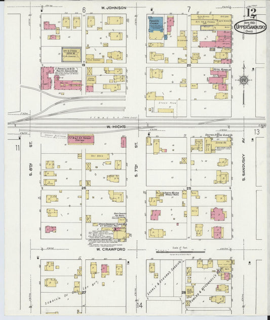 Sanborn Fire Insurance Map from Upper Sandusky, Wyandot County, Ohio (1921), Sheet #0012 - Historic Sanborn Fire Insurance Map Print, vintage old map wall art, antique decor, genealogy gift, Ohio Ohio map