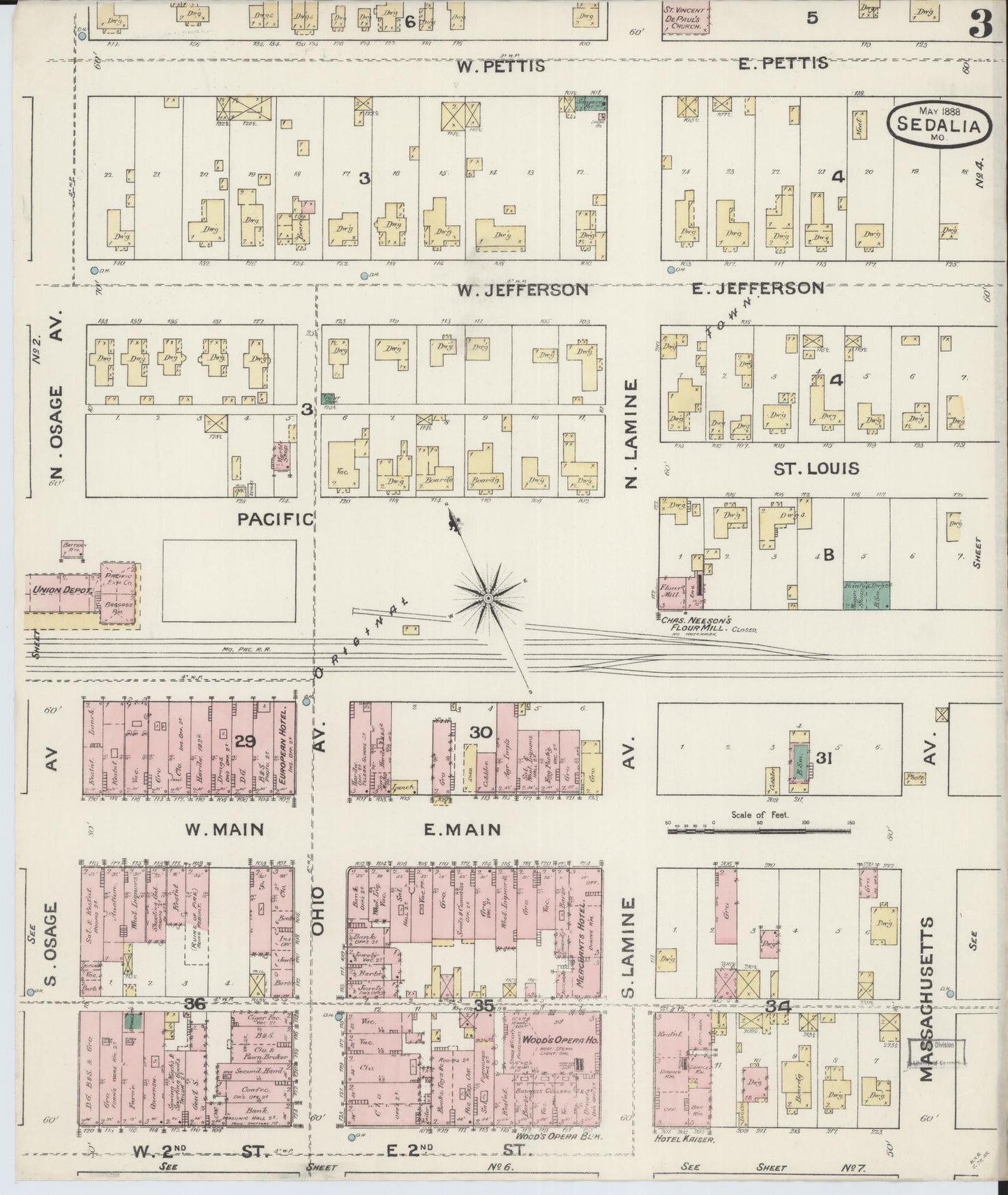 Sanborn Fire Insurance Map from Sedalia, Pettis County, Missouri (1888), Sheet #0003 - Complete Map Set gallery image, historic Sanborn map, vintage wall art, Missouri Missouri