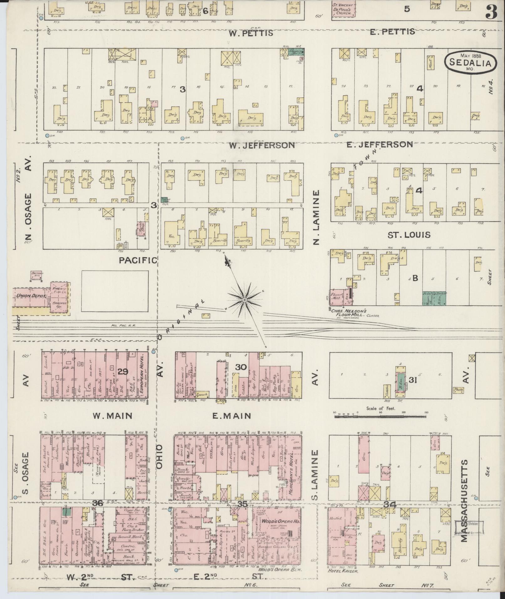 Sanborn Fire Insurance Map from Sedalia, Pettis County, Missouri (1888), Sheet #0003 - Complete Map Set gallery image, historic Sanborn map, vintage wall art, Missouri Missouri