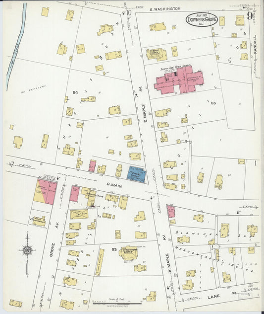 Sanborn Fire Insurance Map from Downers Grove, Dupage County, Illinois (1921), Sheet #0009 - Historic Sanborn Fire Insurance Map Print, vintage old map wall art, antique decor, genealogy gift, Illinois Illinois map