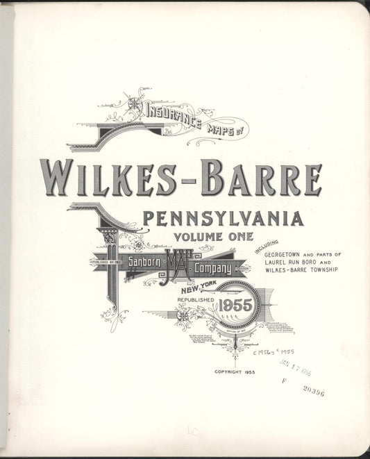 Sanborn Fire Insurance Map from Wilkes Barre, Luzerne County, Pennsylvania (1955), Sheet #0001 - Historic Sanborn Fire Insurance Map Print, vintage old map wall art, antique decor, genealogy gift, Pennsylvania Pennsylvania map