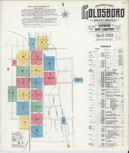 Sanborn Fire Insurance Map from Goldsboro, Wayne County, North Carolina (1908), Sheet #0001 - Historic Sanborn Fire Insurance Map Print, vintage old map wall art, antique decor, genealogy gift, North Carolina North Carolina map