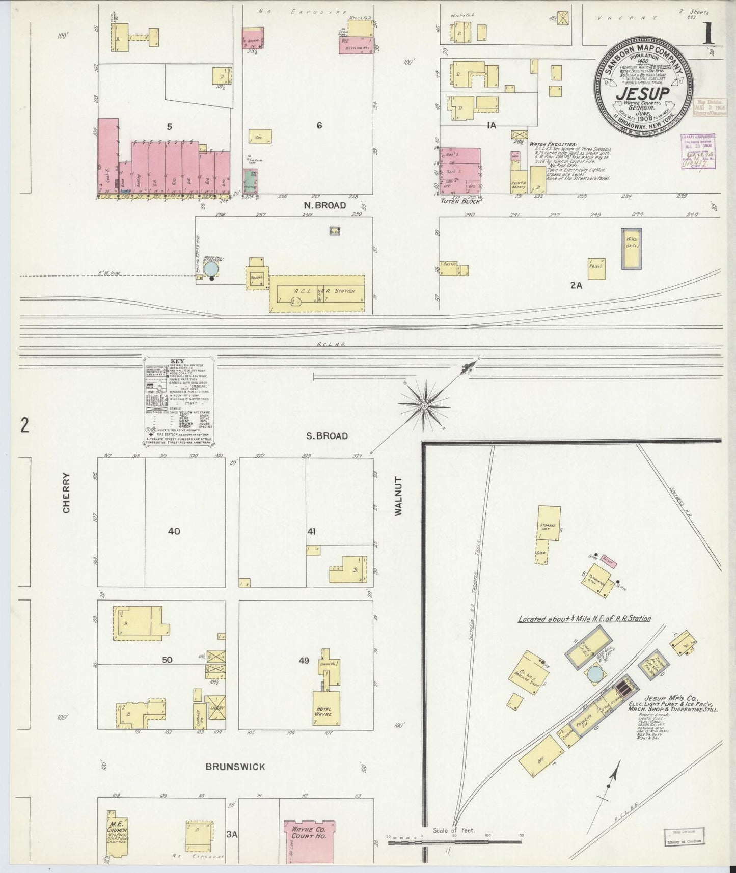 Sanborn Fire Insurance Map from Jesup, Wayne County, Georgia (1908), Sheet #0001 - Historic Sanborn Fire Insurance Map Print, vintage old map wall art, antique decor, genealogy gift, Georgia Georgia map