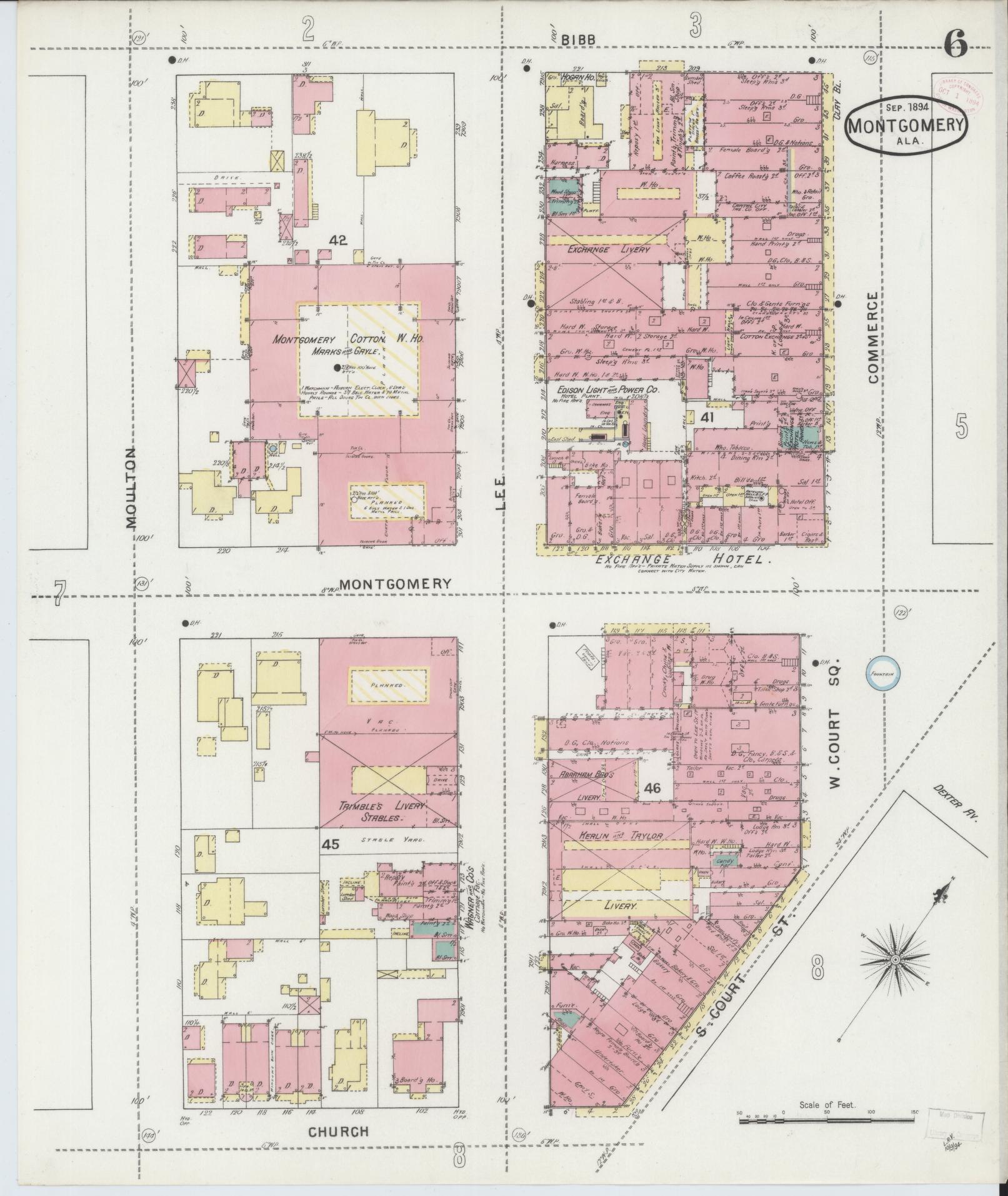 Sanborn Fire Insurance Map from Montgomery, Montgomery County, Alabama (1894), Sheet #0006 - Historic Sanborn Fire Insurance Map Print, vintage old map wall art, antique decor, genealogy gift, Alabama Alabama map