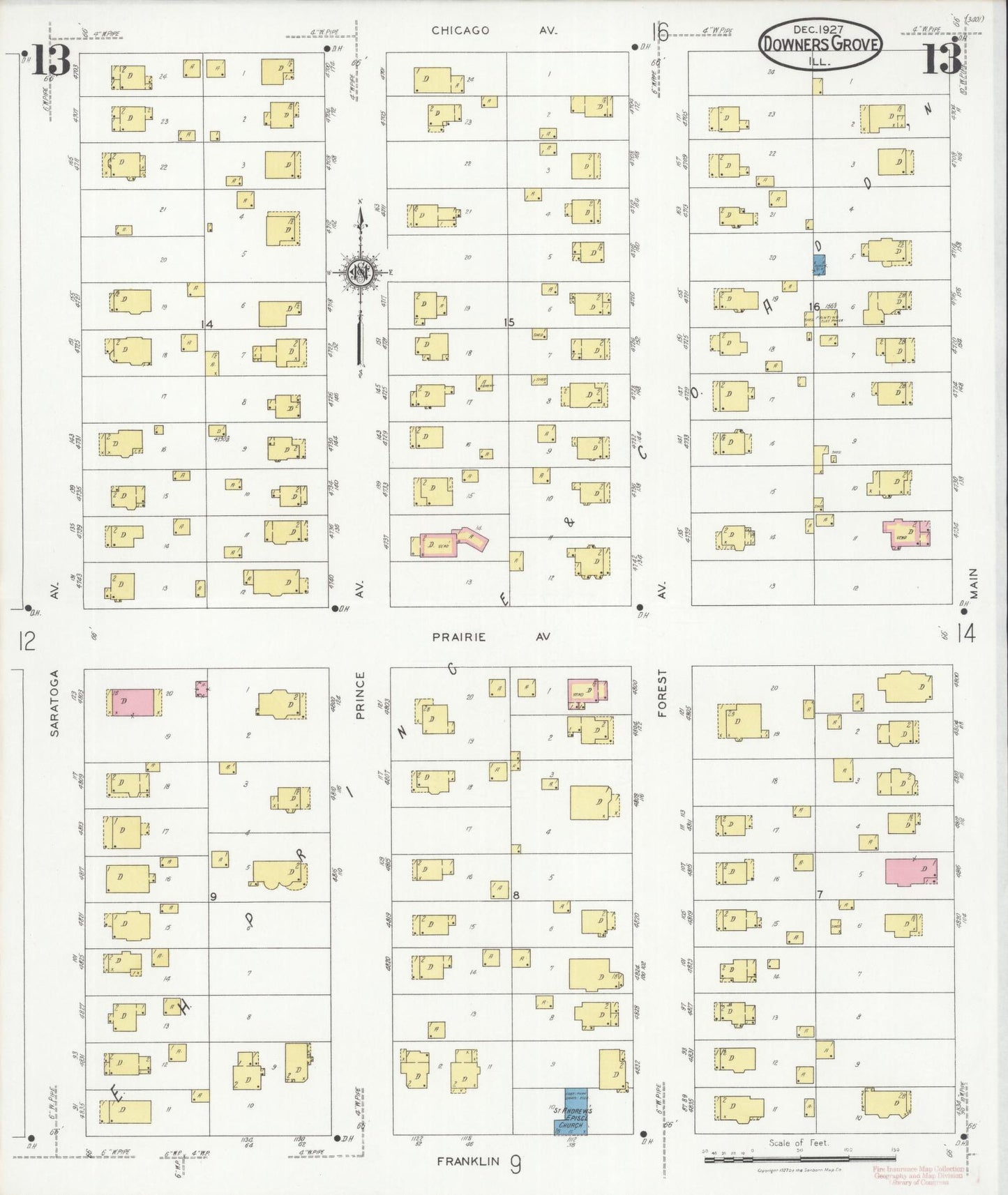 Sanborn Fire Insurance Map from Downers Grove, Dupage County, Illinois (1927), Sheet #0013 - Complete Map Set gallery image, historic Sanborn map, vintage wall art, Illinois Illinois