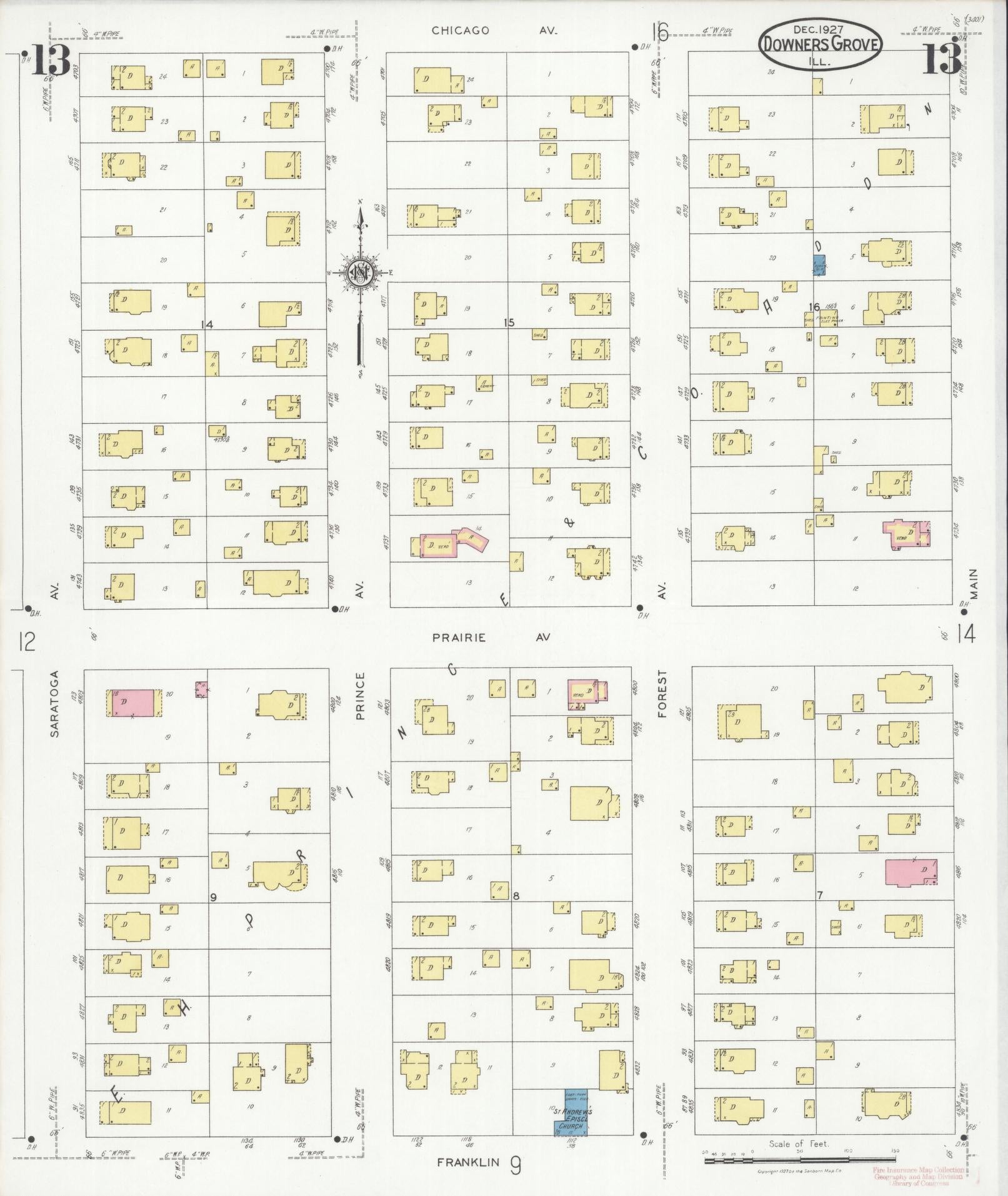 Sanborn Fire Insurance Map from Downers Grove, Dupage County, Illinois (1927), Sheet #0013 - Complete Map Set gallery image, historic Sanborn map, vintage wall art, Illinois Illinois