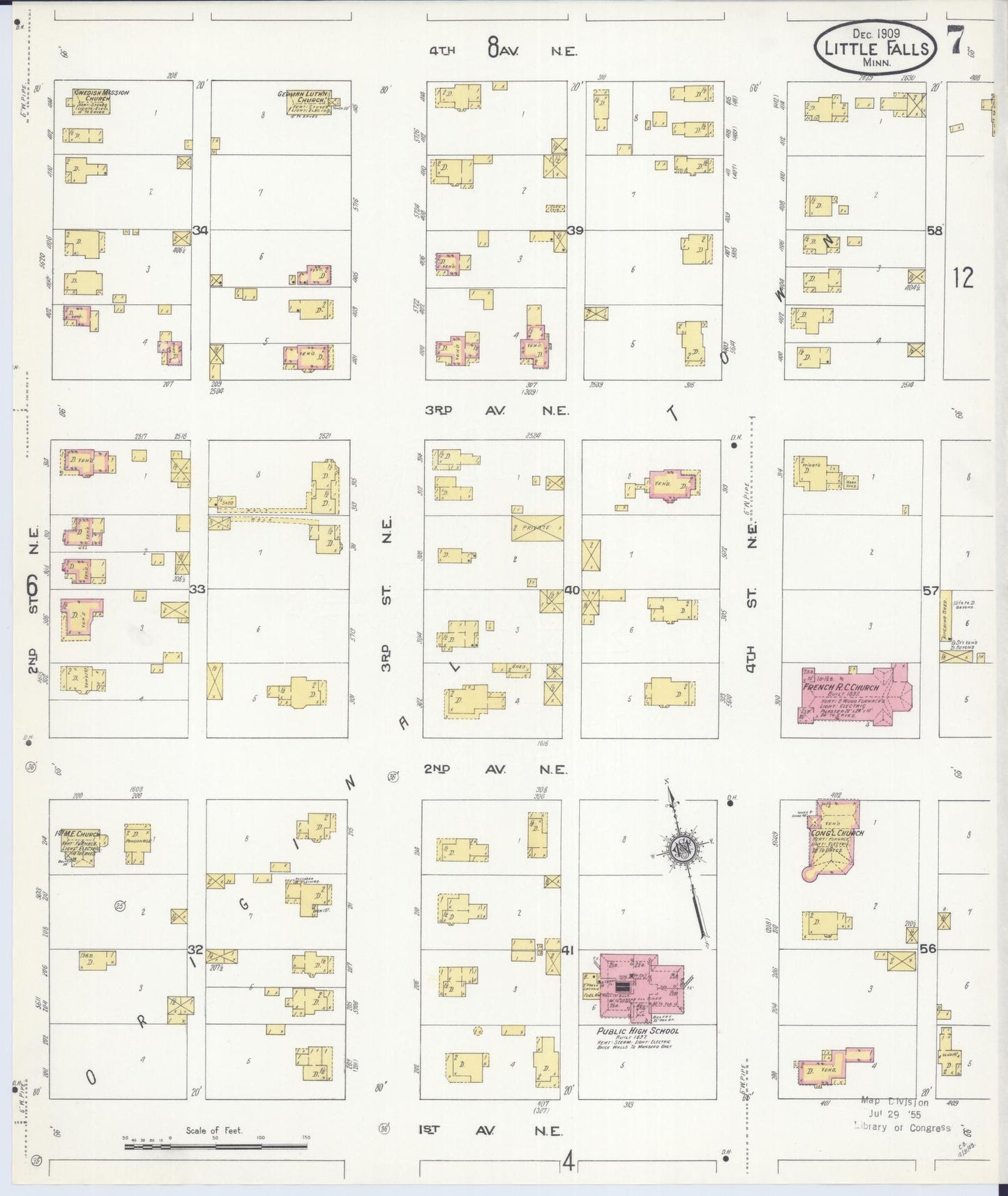Sanborn Fire Insurance Map from Little Falls, Morrison County, Minnesota (1909), Sheet #0007 - Historic Sanborn Fire Insurance Map Print, vintage old map wall art, antique decor, genealogy gift, Minnesota Minnesota map