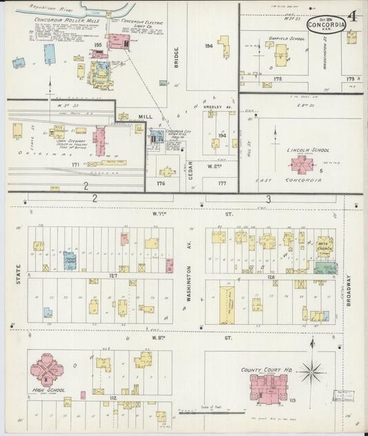Sanborn Fire Insurance Map from Concordia, Cloud County, Kansas (1896), Sheet #0004 - Historic Sanborn Fire Insurance Map Print, vintage old map wall art, antique decor, genealogy gift, Kansas Kansas map
