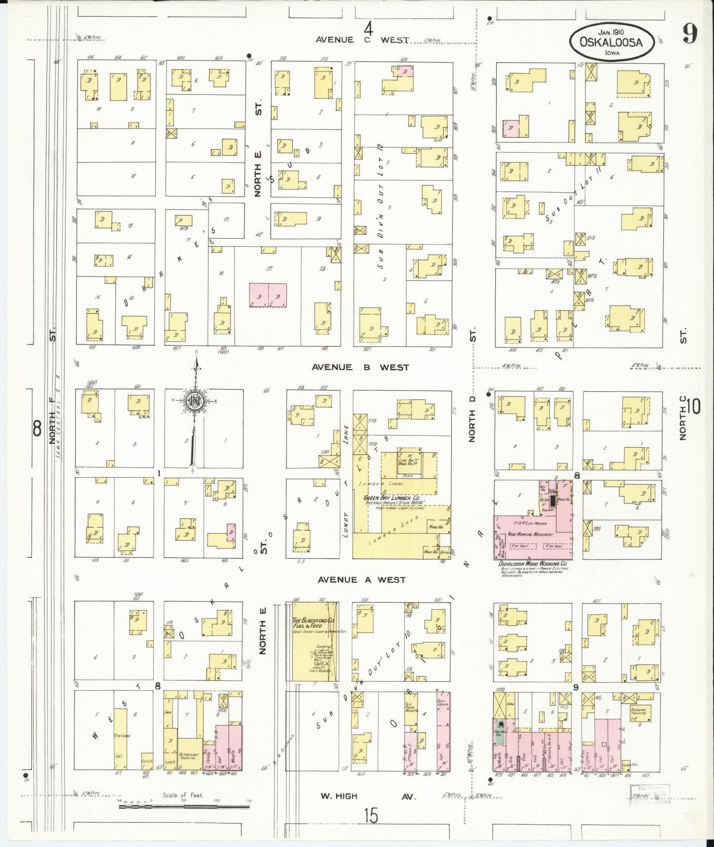 Sanborn Fire Insurance Map from Oskaloosa, Mahaska County, Iowa (1910), Sheet #0009 - Historic Sanborn Fire Insurance Map Print
