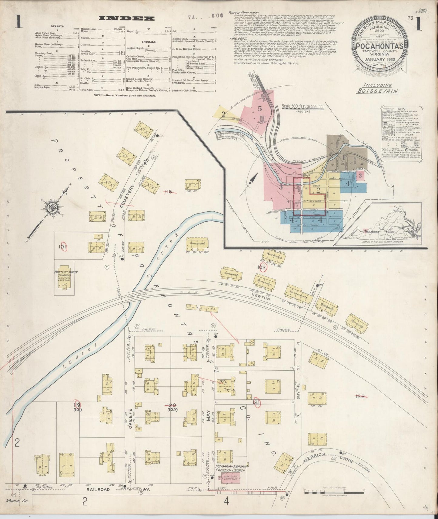 Sanborn Fire Insurance Map from Pocahontas, Tazewell County, Virginia (1930), Sheet #0001 - Complete Map Set gallery image, historic Sanborn map, vintage wall art, Virginia Virginia