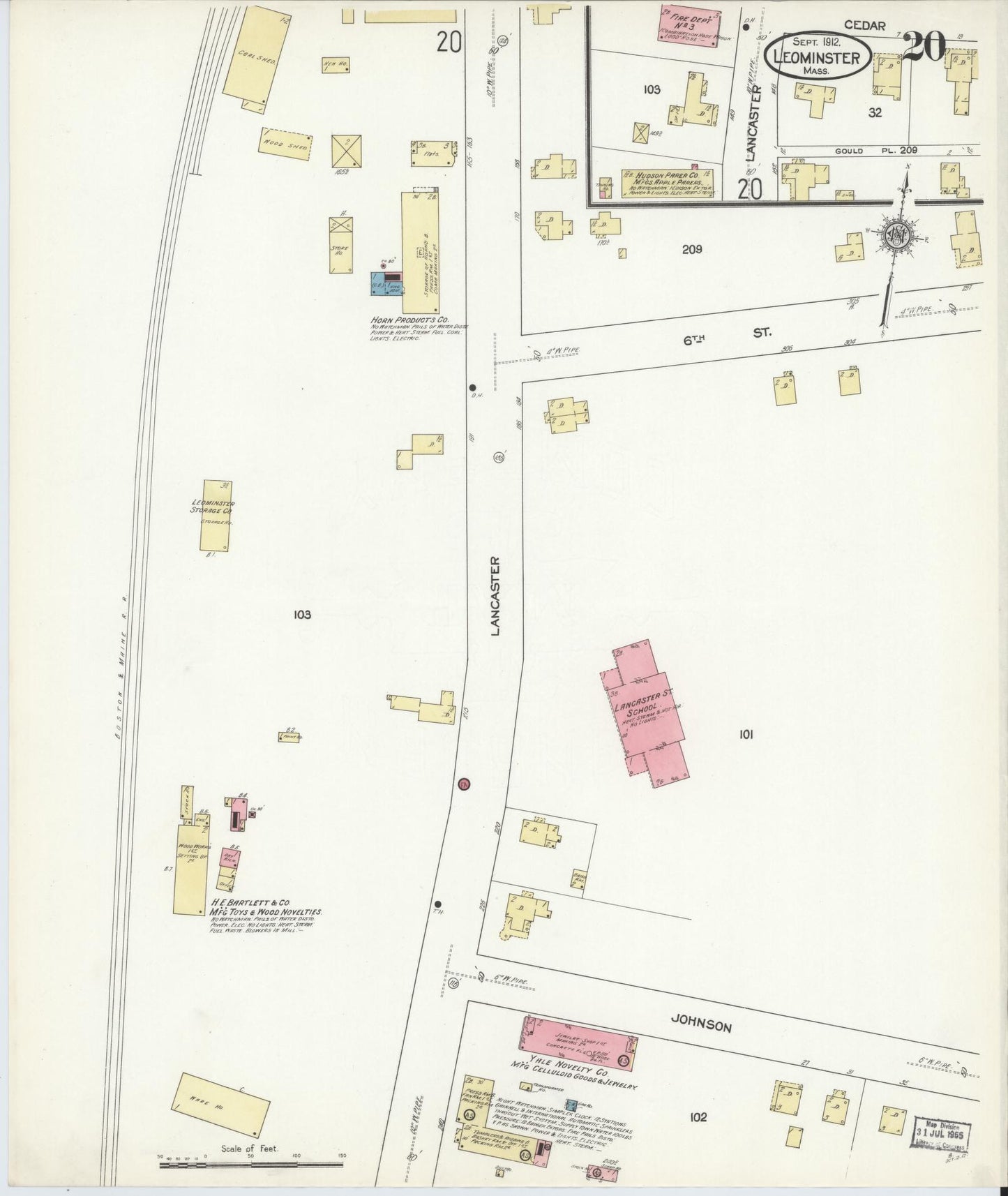 Sanborn Fire Insurance Map from Leominster, Worcester County, Massachusetts (1912), Sheet #0020 - Complete Map Set gallery image, historic Sanborn map, vintage wall art, Massachusetts Massachusetts