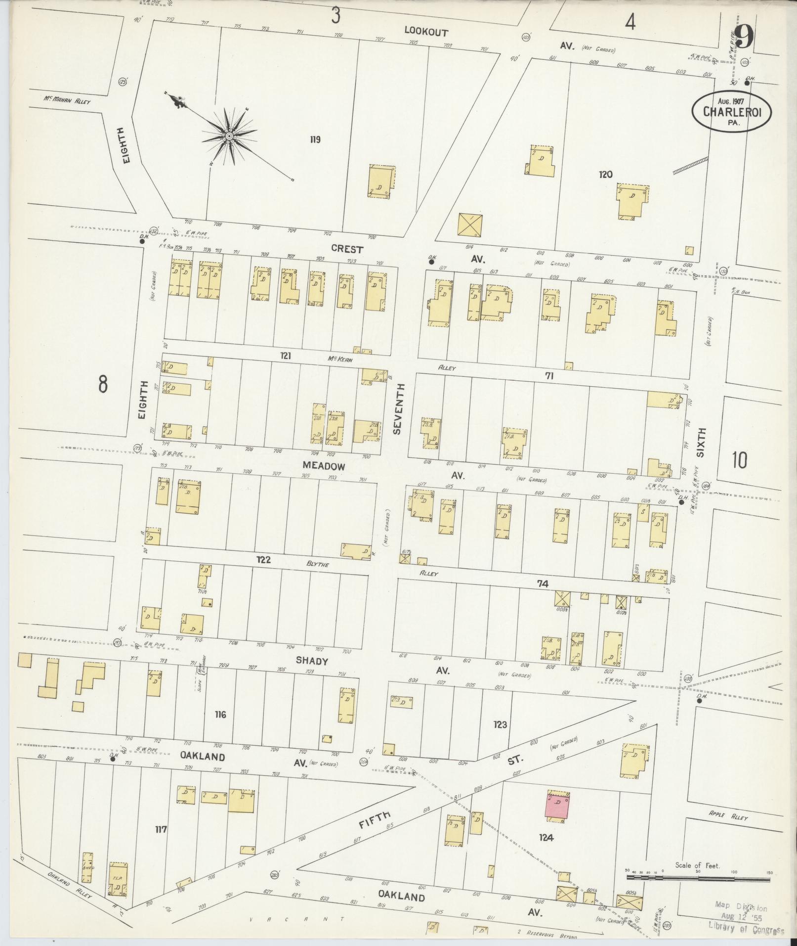 Sanborn Fire Insurance Map from Charleroi, Washington County, Pennsylvania (1907), Sheet #0009 - Historic Sanborn Fire Insurance Map Print, vintage old map wall art, antique decor, genealogy gift, Pennsylvania Pennsylvania map