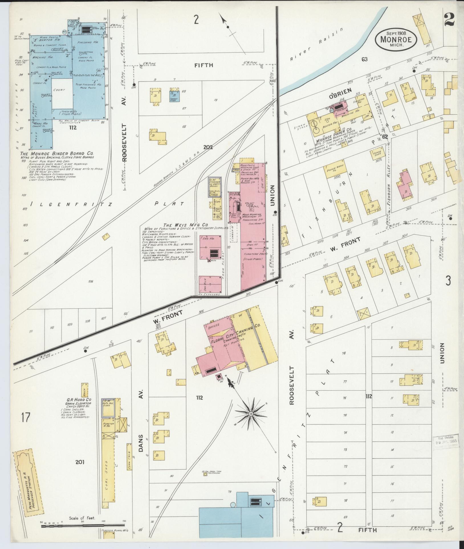 Sanborn Fire Insurance Map from Monroe, Monroe County, Michigan (1908), Sheet #0002 - Complete Map Set gallery image, historic Sanborn map, vintage wall art, Michigan Michigan